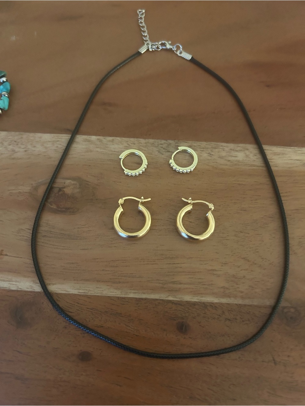 Gold over Sterling Moissanite Hoop Earring Set w/Black Cord Necklace -